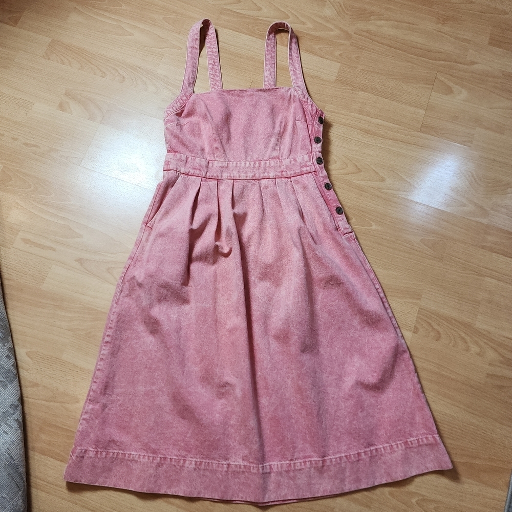 Gap Pink Denim Apron Dress Hemp Cotton Pockets Side Button Adjustable Straps 10